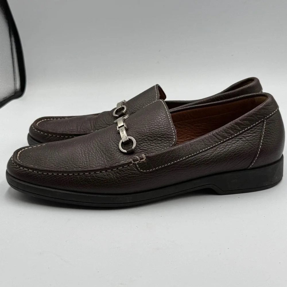 A.‎ Testoni Men's 8.5 Brown Pebbled Leather Bit Loafers Italy Luxury Dress Shoes